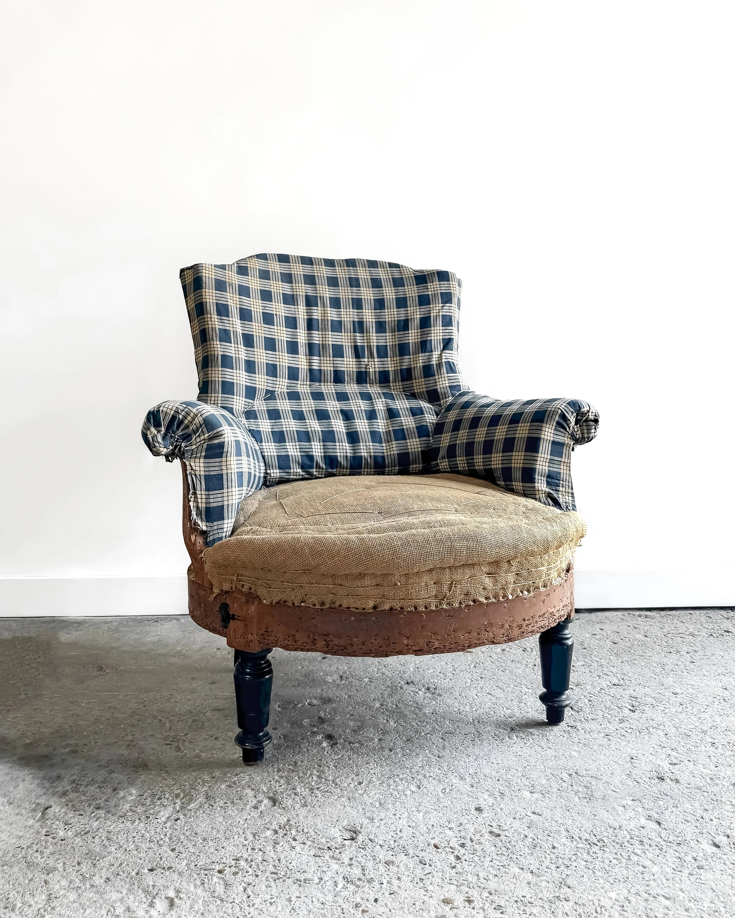 19th C. Deconstructed Blue Plaid Napoleon III Armchair — East End